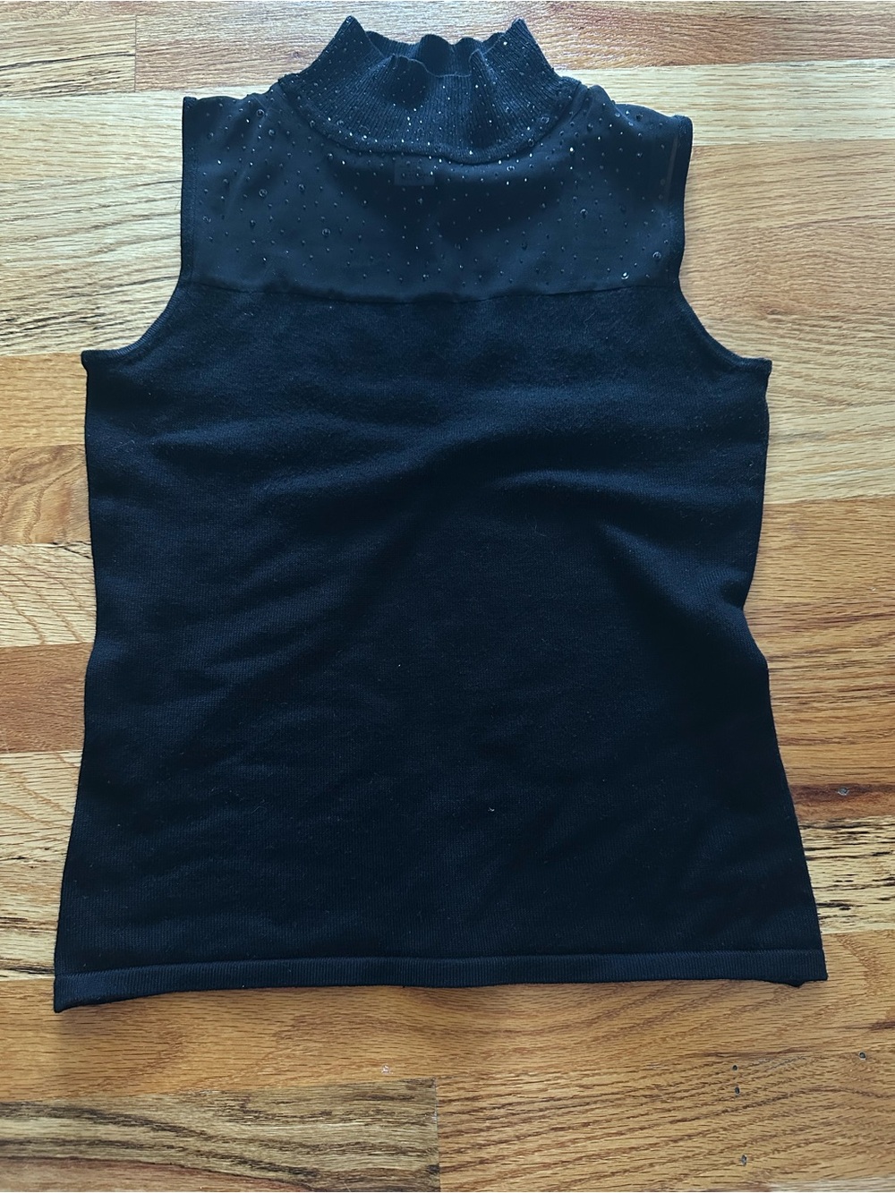 Carmen Marc Valvo Sleeveless Mock Neck Black Knit Top with Embellished Yoke
